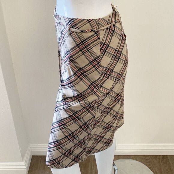 Vintage 90s Y2K Forever 21 Black Label Plaid Tan Pencil Skirt w Attached Belt - Picture 4 of 7
